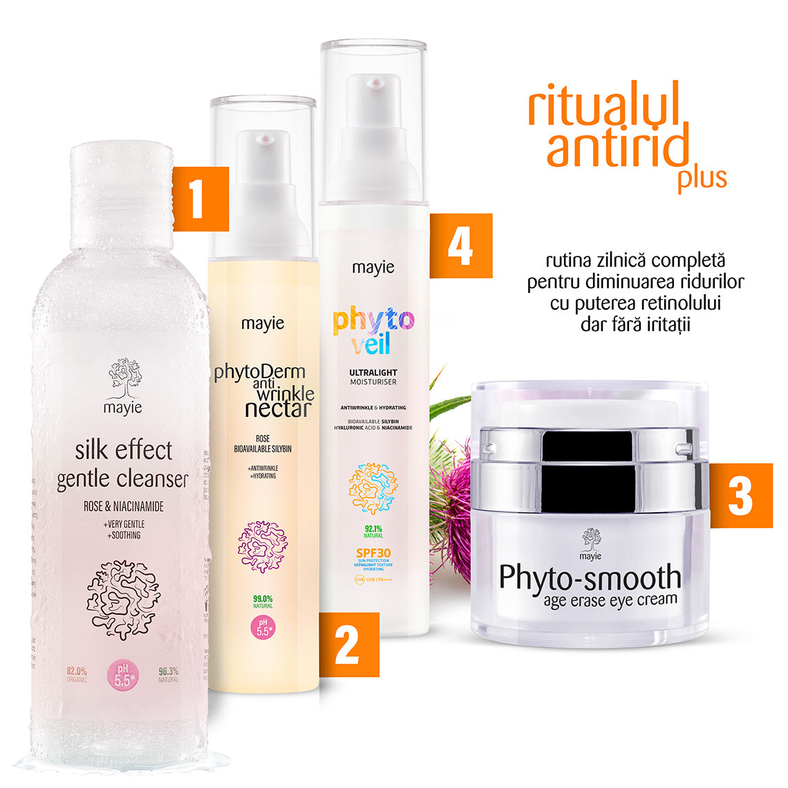 Ritualul Antirid Plus — cele patru produse Mayie ale ritualului, numerotate