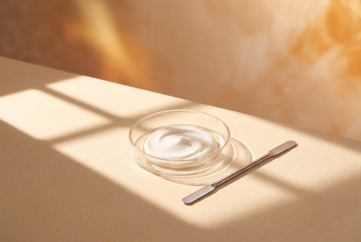 Cremă albă cu SPF într-o capsulă Petri, într-o rază de soare de toamnă pe o masă de laborator