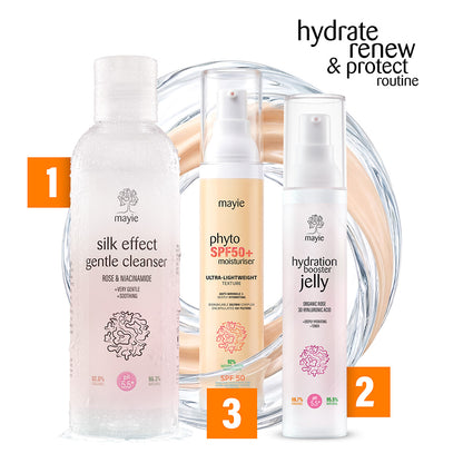 Rutina Mayie Hydrate, Renew & Protect — gel de curățare Silk Effect, Hydration Booster Jelly și cremă SPF50 cu fitozom de silybin