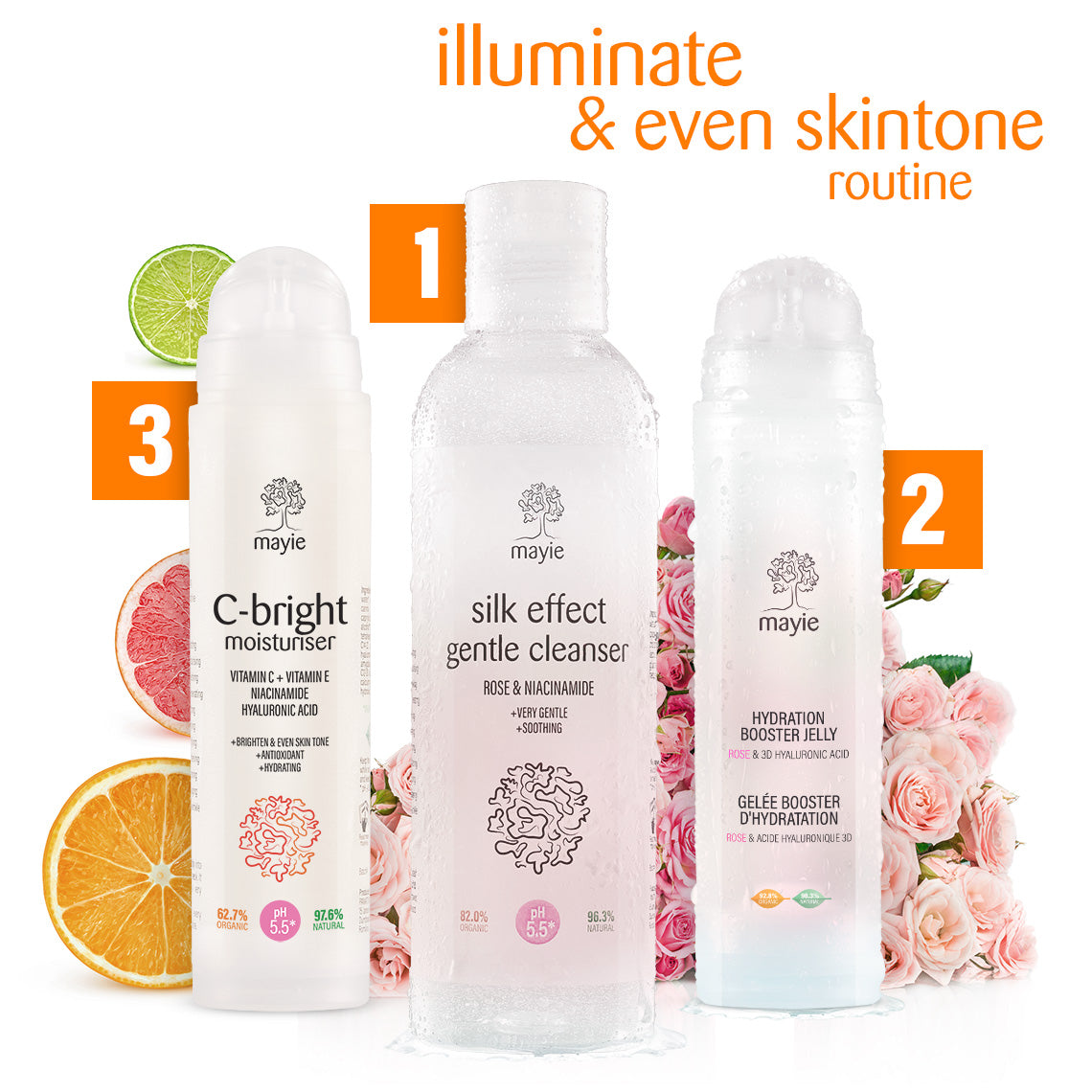 Mayie Illuminate and Even Skintone Routine - crema cu vitamina C C-bright, Cleanserul bland cu trandafir si niacinamide si boosterul de hidratare cu acid hialuronic