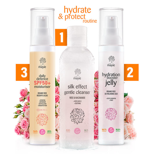 Rutina de hidratare și protecție - Silk Effect Gentle Cleanser cu trandafir si niacinamide, Hydration Booster Jelly cu acid hialuronic si trandafir organic, Daily Defence SPF 50 Moisturiser cu trandafir, măceșe și alge