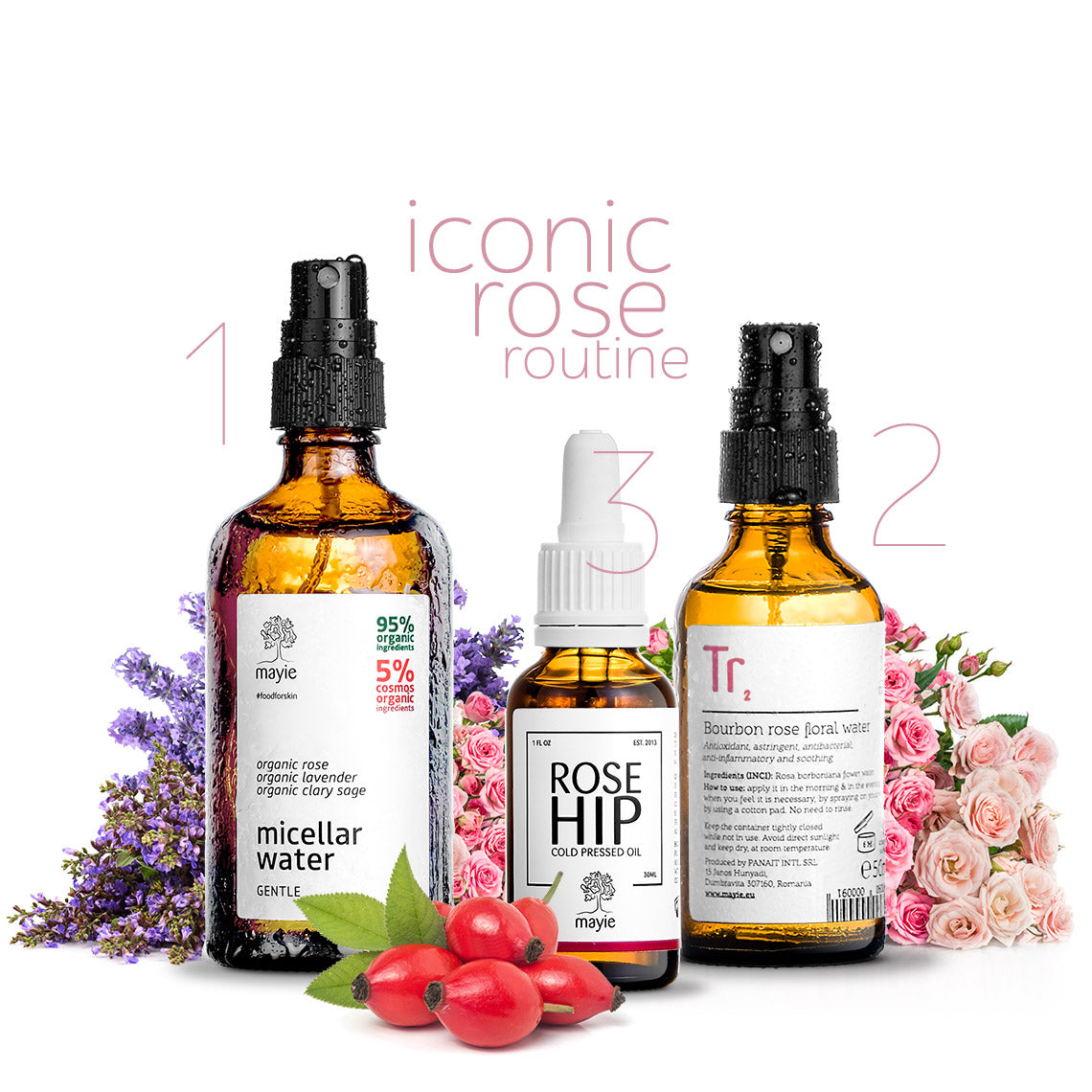 Mayie - food for skin - rutina de ingrijire Iconic Rose cu Apa Micelara Blanda, Apa de Trandafir Bourbon si Ulei de Macese