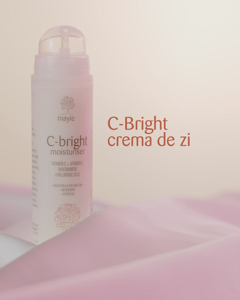 Mayie Illuminate and Even Skintone Routine - crema cu vitamina C C-bright, Cleanserul bland cu trandafir si niacinamide si boosterul de hidratare cu acid hialuronic